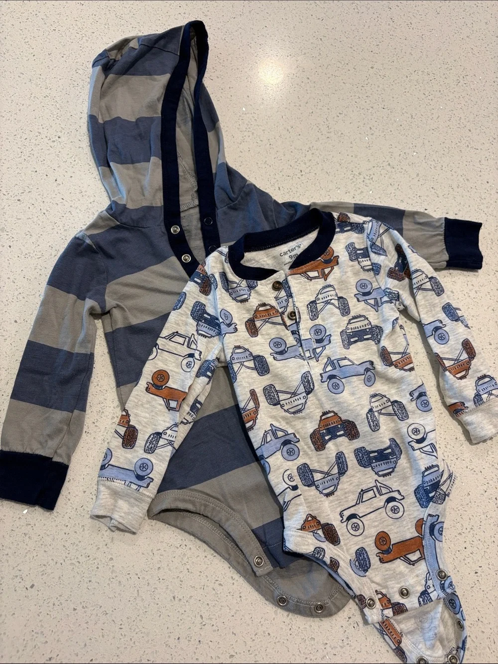 Carter's Blue & Gray Striped Hooded One-Piece with Truck-Print Bodysuit 9 Months